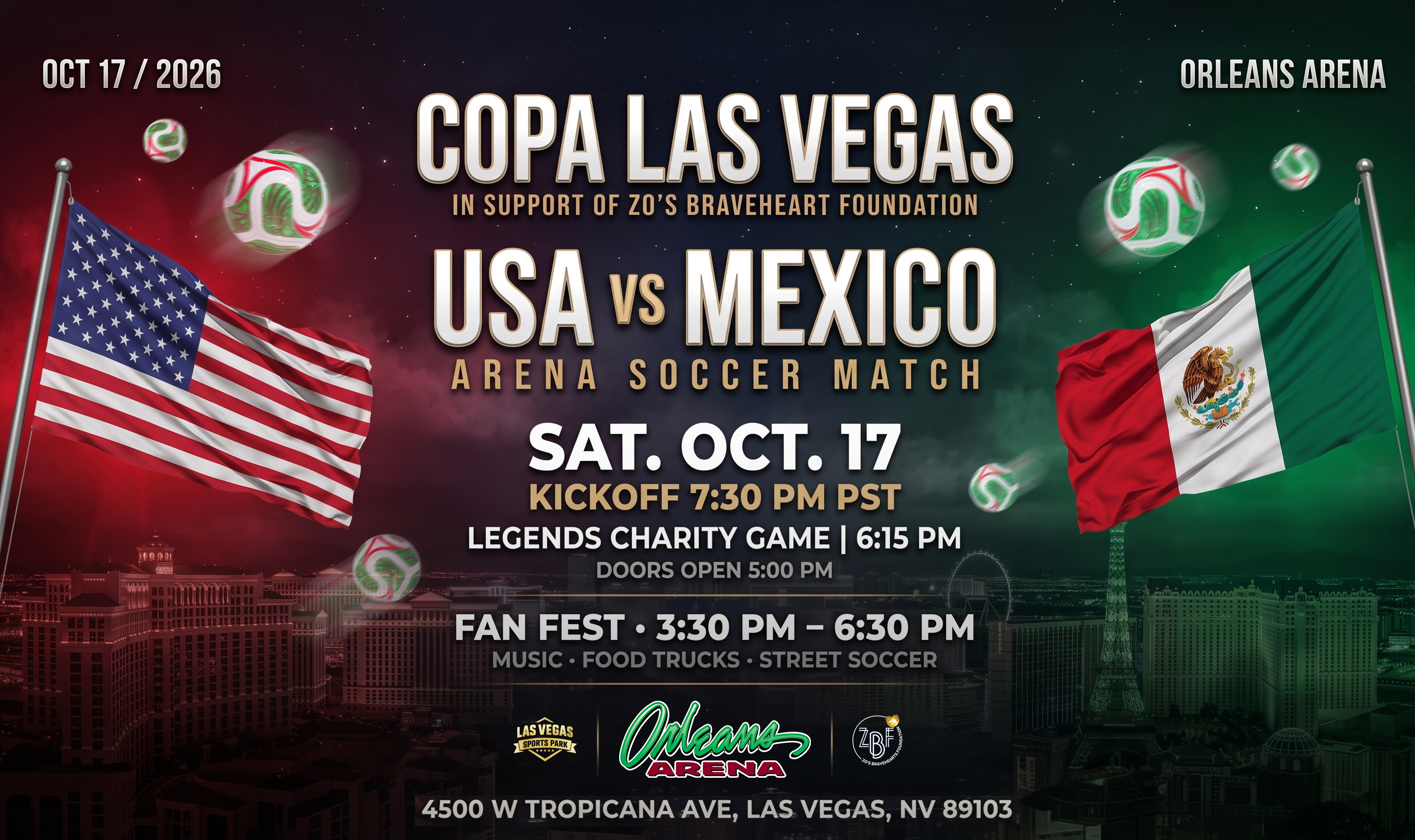 Copa Las Vegas 2026 event poster: USA versus Mexico arena soccer at Orleans Arena on October 17. Kickoff 7:30 PM, legends charity game 6:15 PM, doors open 5 PM, fan fest 3:30–6:30 PM.